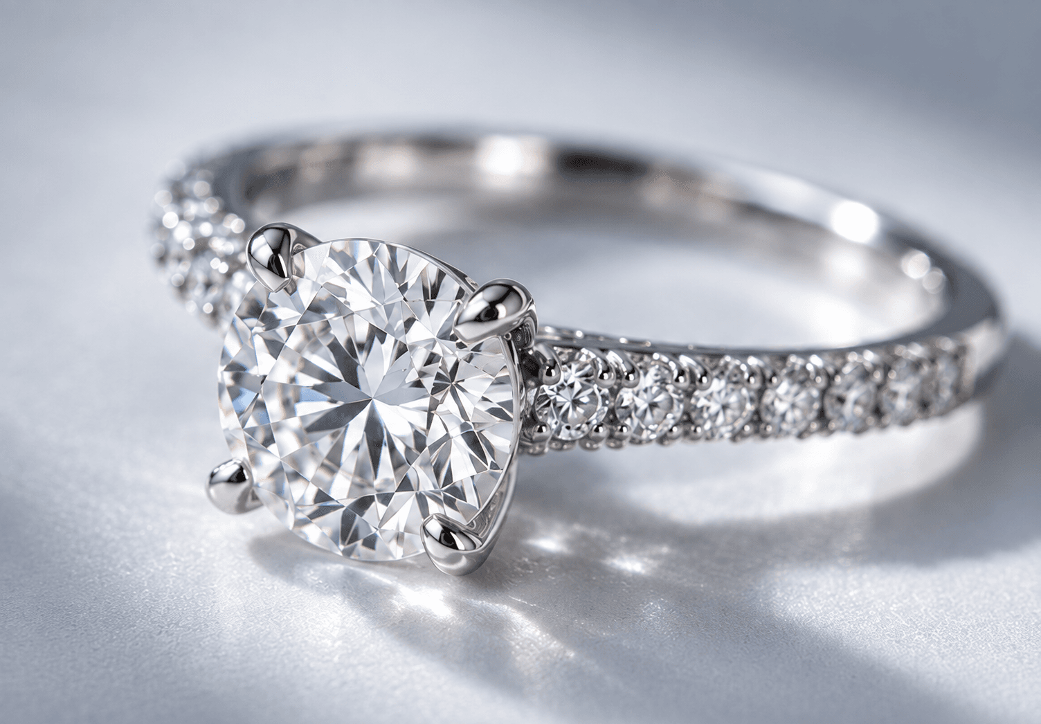 Close detail of an oval diamond ring and its setting